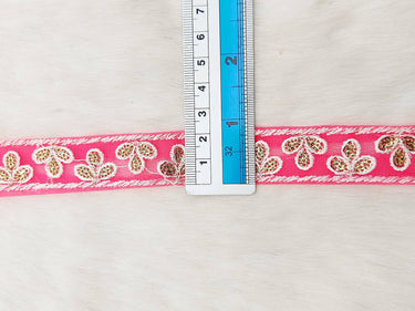 Wholesale Cerise Pink Net Lace Floral Embroidery & Glitter Gold Sequins, Indian Wedding Border, Gifting Ribbon Costume Trim Fashion Trimming